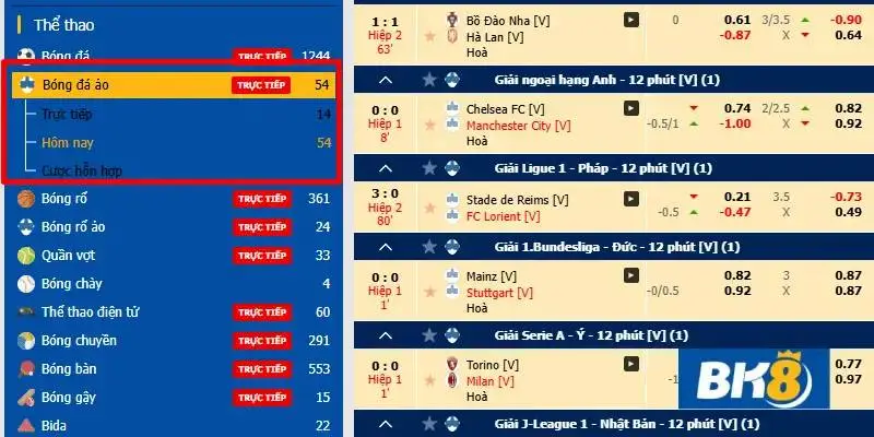 Chọn “Bóng đá ảo” để tham gia bet bóng điện tử BK8
